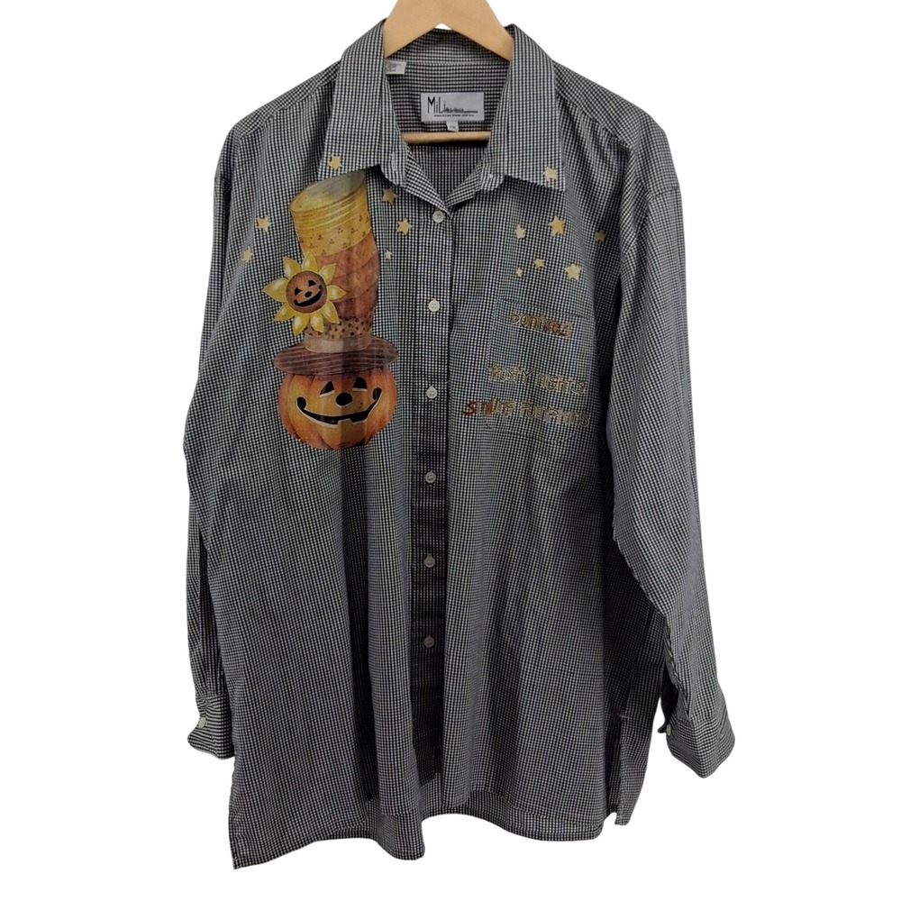 Vintage Y2K Halloween‎ Pumpkin Shirt Sz 1X Gingham Fall Embroidered Mili Designs